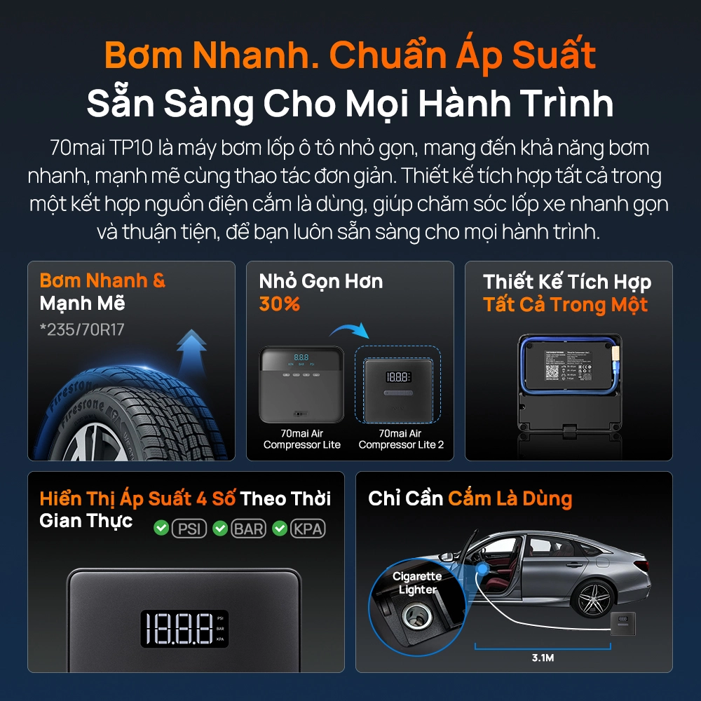 Bơm lốp ô tô 70mai TP10 4 Bơm lốp ô tô 70mai Tp10