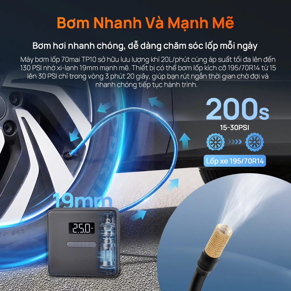 Bơm lốp ô tô 70mai TP10 5 Tốc độ bơm ấn tượng trên 70mai Tp10
